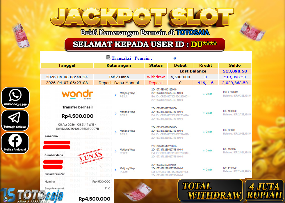 TOTOSAJA JACKPOT SLOT ONLINE MAHJONG WAYS Rp.4.500.000,- LUNAS