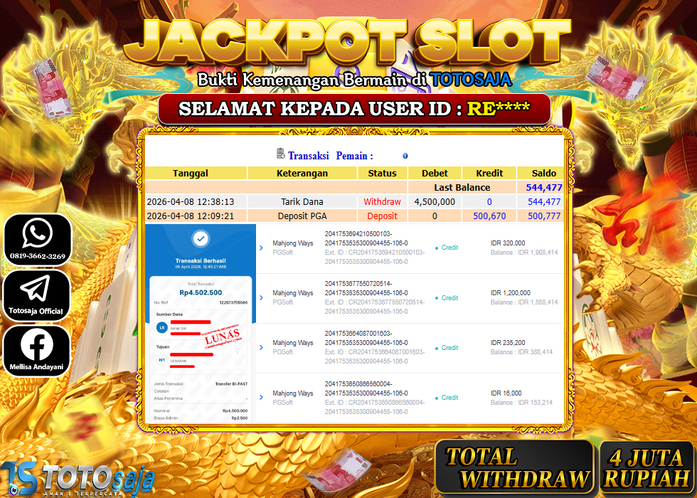 TOTOSAJA JACKPOT SLOT ONLINE MAHJONG WAYS Rp.4.500.000,- LUNAS