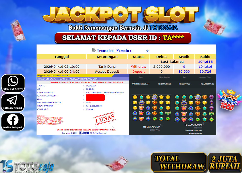 TOTOSAJA JACKPOT SLOT ONLINE STARLIGHT PRINCESS 1000 Rp.2.900.000,- LUNAS