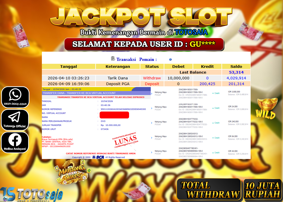 TOTOSAJA JACKPOT SLOT ONLINE MAHJONG WAYS Rp.10.000.000,- LUNAS