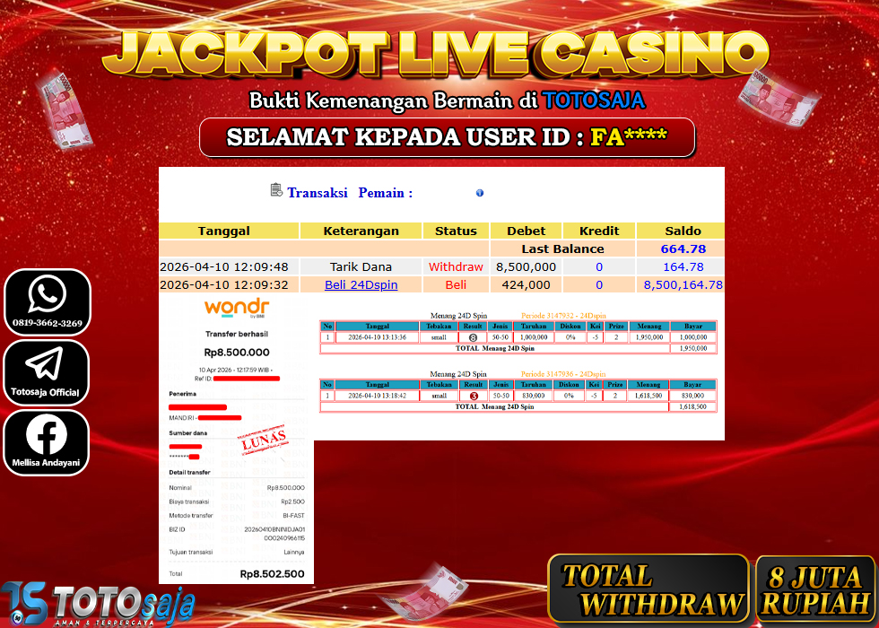 TOTOSAJA JACKPOT CASINO ONLINE 24 SPIN  Rp.8.500.000,- LUNAS