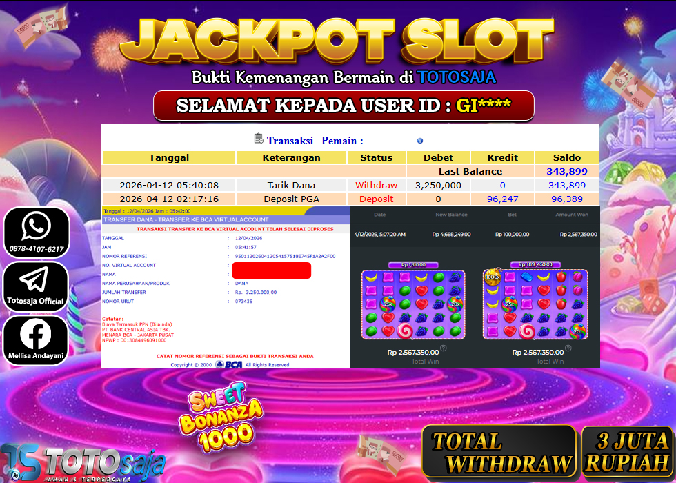 TOTOSAJA JACKPOT SLOT ONLINE SWEET BONANZA 1000 Rp.3.250.000,- LUNAS