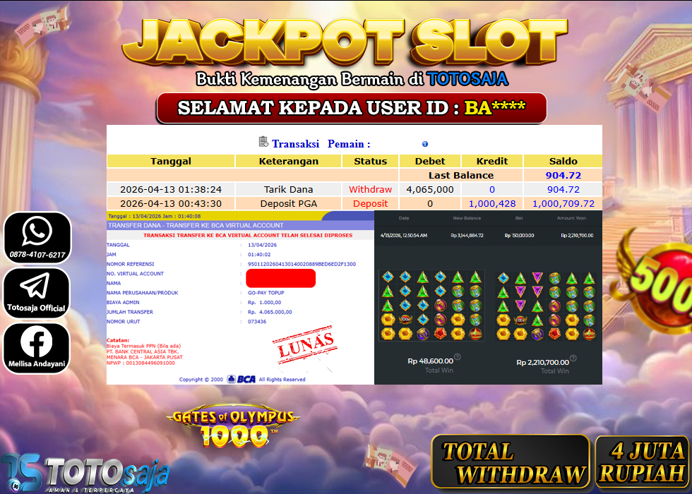 TOTOSAJA JACKPOT SLOT ONLINE GATES OF OLYMPUS 1000 Rp.4.065.000,- LUNAS