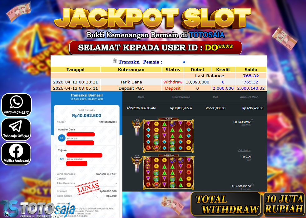 TOTOSAJA JACKPOT SLOT ONLINE GATES OF OLYMPUS SUPER SCATTER Rp.10.090.000,- LUNAS