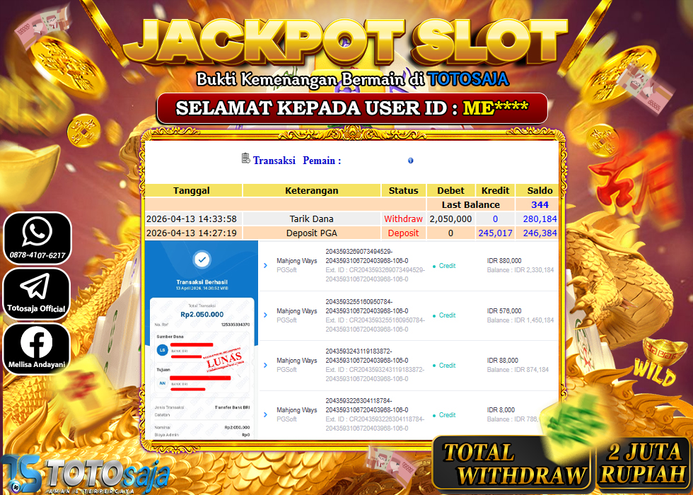 TOTOSAJA JACKPOT SLOT ONLINE MAHJONG WAYS Rp.2.050.000,- LUNAS
