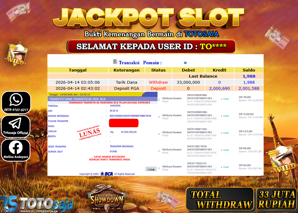 TOTOSAJA JACKPOT SLOT ONLINE WILD BOUNTY SHOWDOWN Rp.33.000.000,- LUNAS