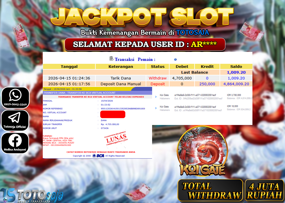 TOTOSAJA JACKPOT SLOT ONLINE KOI GATE Rp.4.705.000,- LUNAS