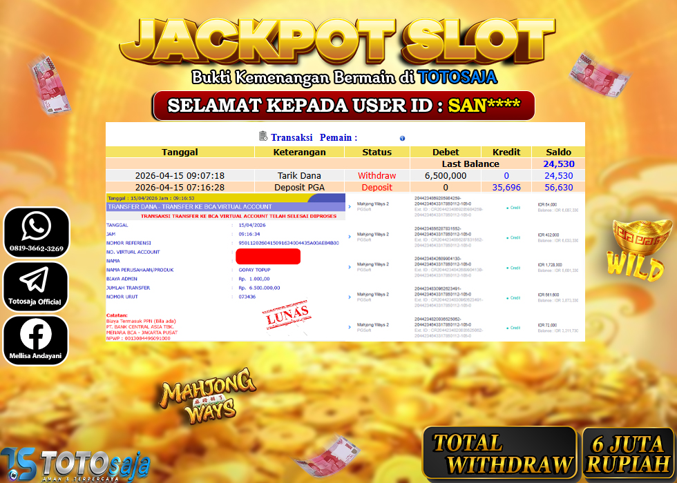 TOTOSAJA JACKPOT SLOT ONLINE MAHJONG WAYS Rp.6.500.000,- LUNAS
