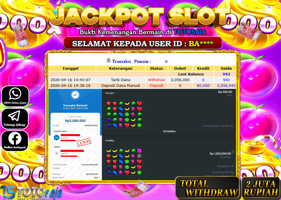 TOTOSAJA JACKPOT SLOT ONLINE SWEET BONANZA Rp.2.056.000,- LUNAS