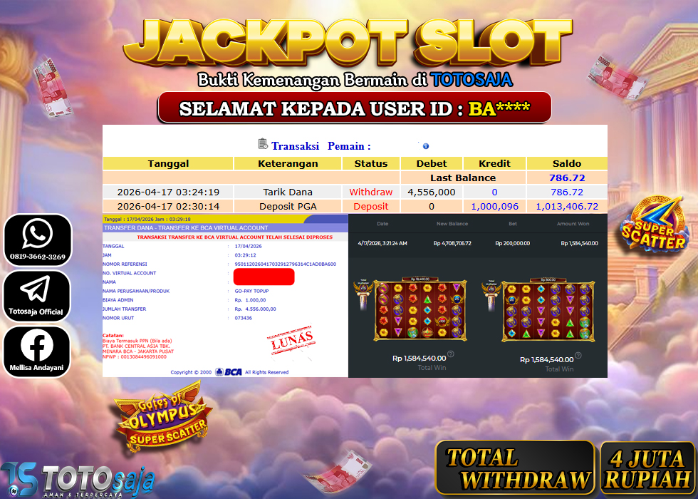 TOTOSAJA JACKPOT SLOT ONLINE GATES OF OLYMPUS SUPER SCATTER Rp.4.556.000,- LUNAS
