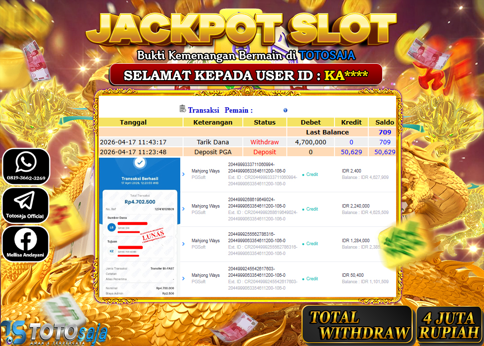 TOTOSAJA JACKPOT SLOT ONLINE MAHJONG WAYS Rp.4.700.000,- LUNAS