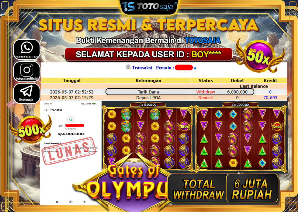 TOTOSAJA JACKPOT SLOT ONLINE GATES OF OLYMPUS Rp.6.000.000,- LUNAS