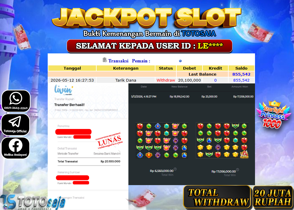 TOTOSAJA JACKPOT SLOT ONLINE STARLIGHT PRINCESS 1000 Rp.20.000.000,- LUNAS