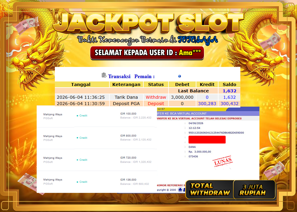 TOTOSAJA JACKPOT SLOT ONLINE MAHJONG WAYS Rp.3.000.000,- LUNAS