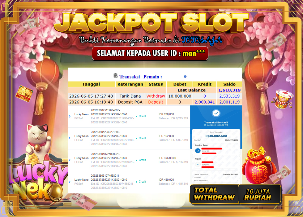 TOTOSAJA JACKPOT SLOT ONLINE LUCKY NEKO Rp.10.000.000,- LUNAS