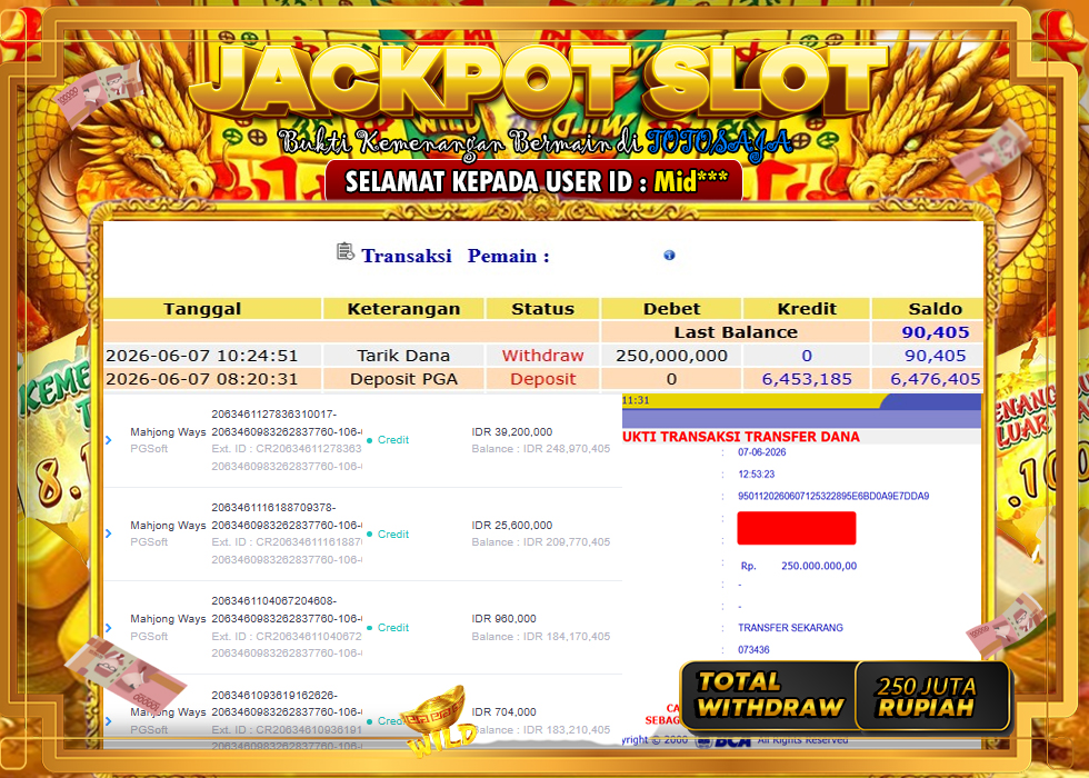 TOTOSAJA JACKPOT SLOT ONLINE MAHJONG WAYS Rp.250.000.000,- LUNAS
