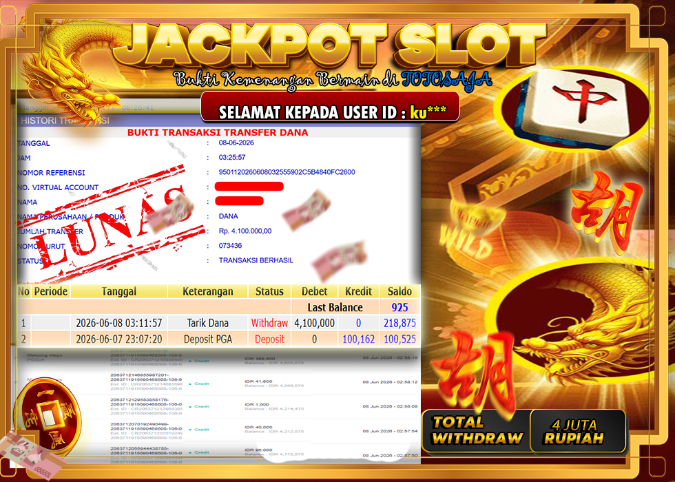 TOTOSAJA JACKPOT SLOT ONLINE MAHJONG WAYS Rp.4.000.000,- LUNAS