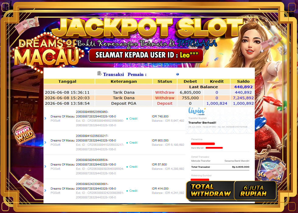 TOTOSAJA JACKPOT SLOT ONLINE DREAMS OF MACAU Rp.6.805.000,- LUNAS