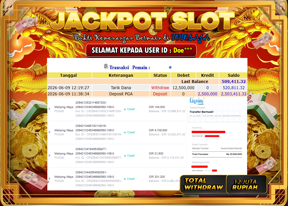 TOTOSAJA JACKPOT SLOT ONLINE MAHJONG WAYS Rp.12.500.000,- LUNAS