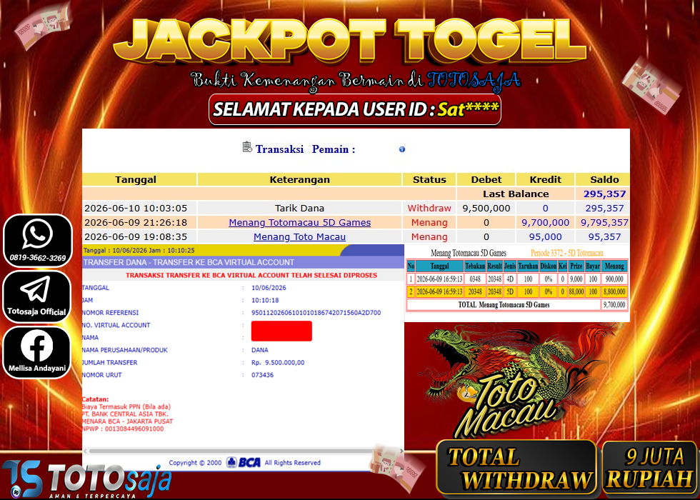 TOTOSAJA JACKPOT TOGEL ONLINE TOTOMACAU 5D Rp.9.500.000,- LUNAS
