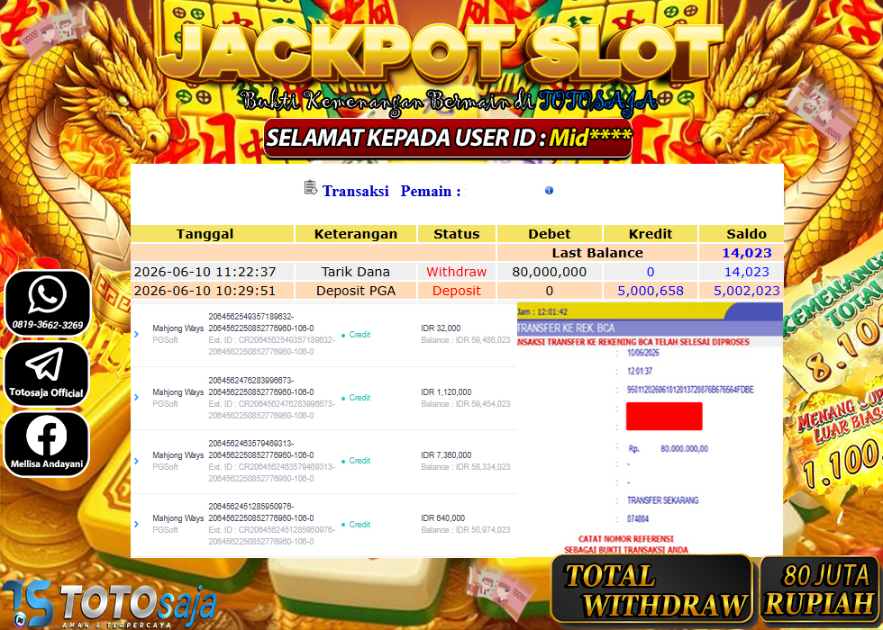 TOTOSAJA JACKPOT SLOT ONLINE MAHJONG WAYS Rp.80.000.000,- LUNAS