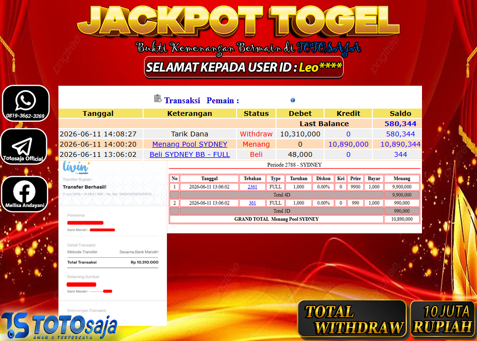 TOTOSAJA JACKPOT TOGEL ONLINE SYDNEY Rp.10.310.000,- LUNAS
