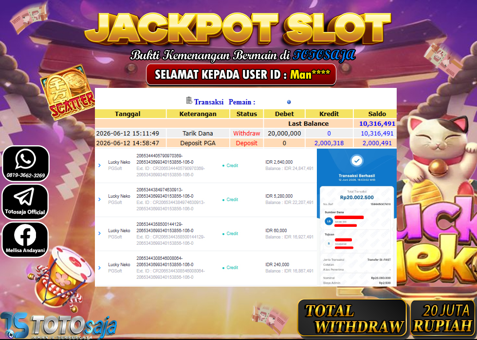 TOTOSAJA JACKPOT SLOT ONLINE LUCKY NEKO Rp.20,000.000,- LUNAS