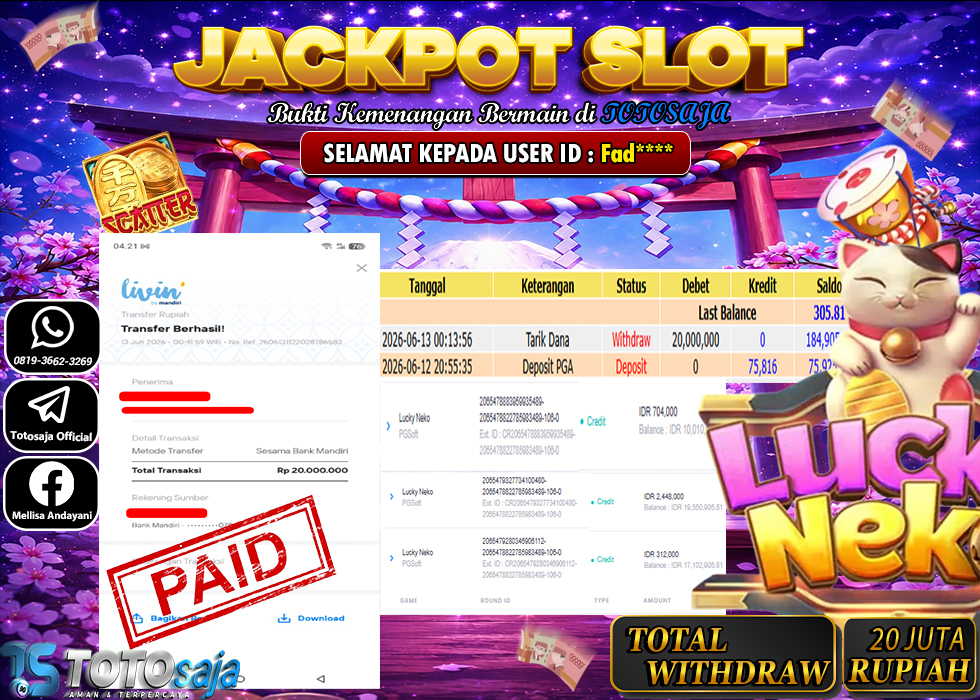 TOTOSAJA JACKPOT SLOT ONLINE LUCKY NEKO Rp.20,000.000,- LUNAS