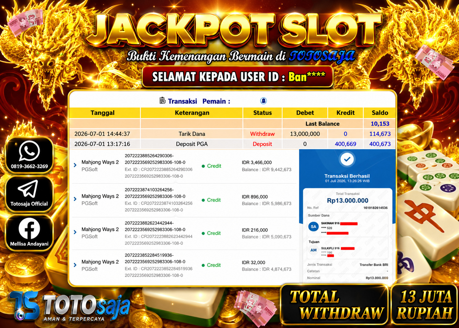 TOTOSAJA JACKPOT SLOT ONLINE MAHJONG WAYS 2 Rp.13,000.000,- LUNAS