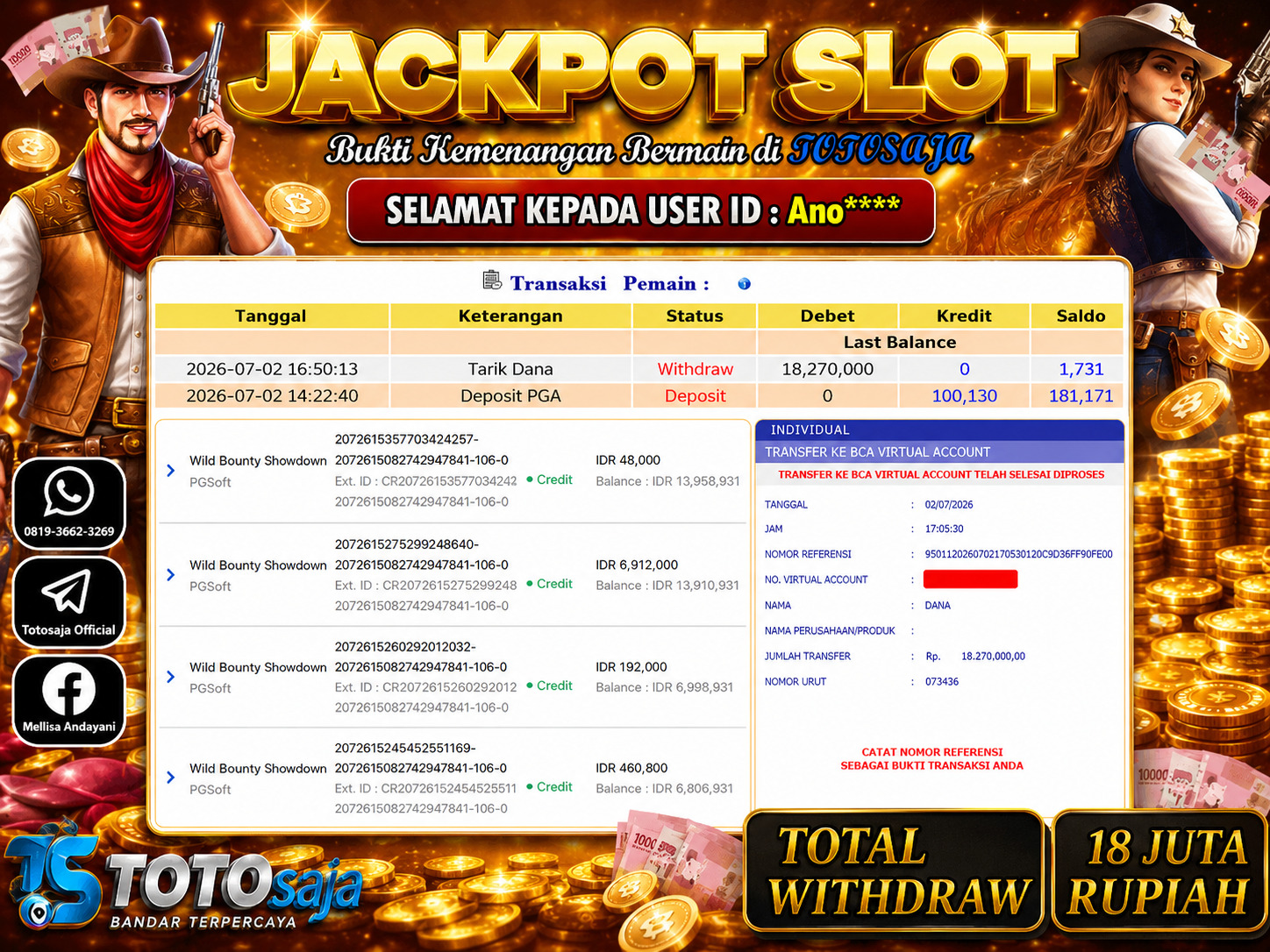 TOTOSAJA JACKPOT SLOT ONLINE WILD BOUNTY SHOWDOWN Rp.18,270.000,- LUNAS
