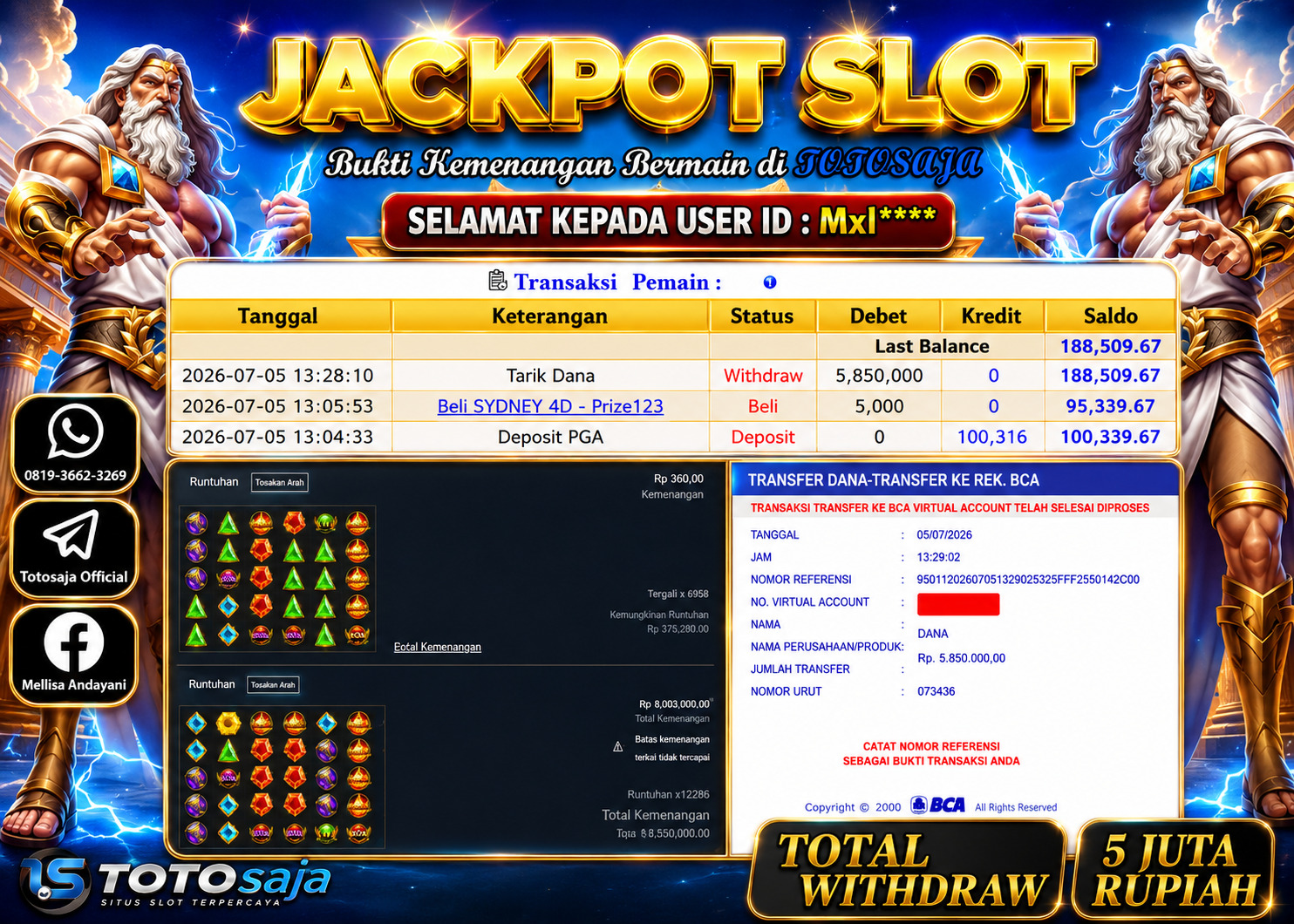 TOTOSAJA JACKPOT SLOT ONLINE GATES OF OLYMPUS 1000 ​​​​​​​ Rp.5.850.000,- LUNAS