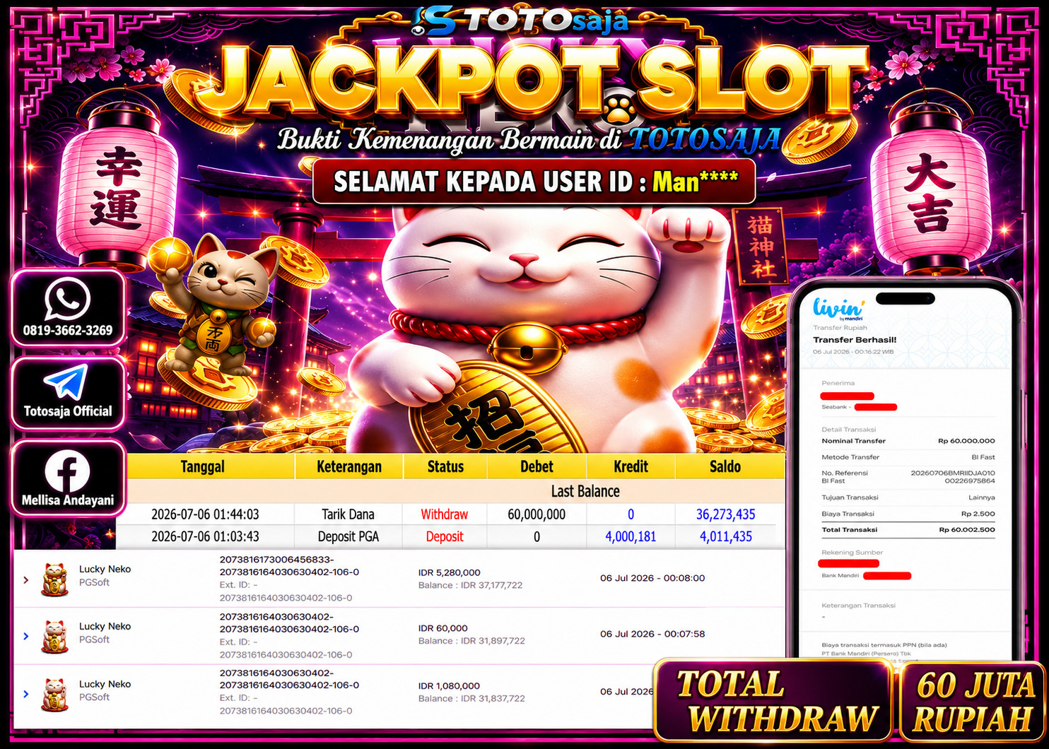 TOTOSAJA JACKPOT SLOT ONLINE LUCKY NEKO Rp.60,000.000,- LUNAS