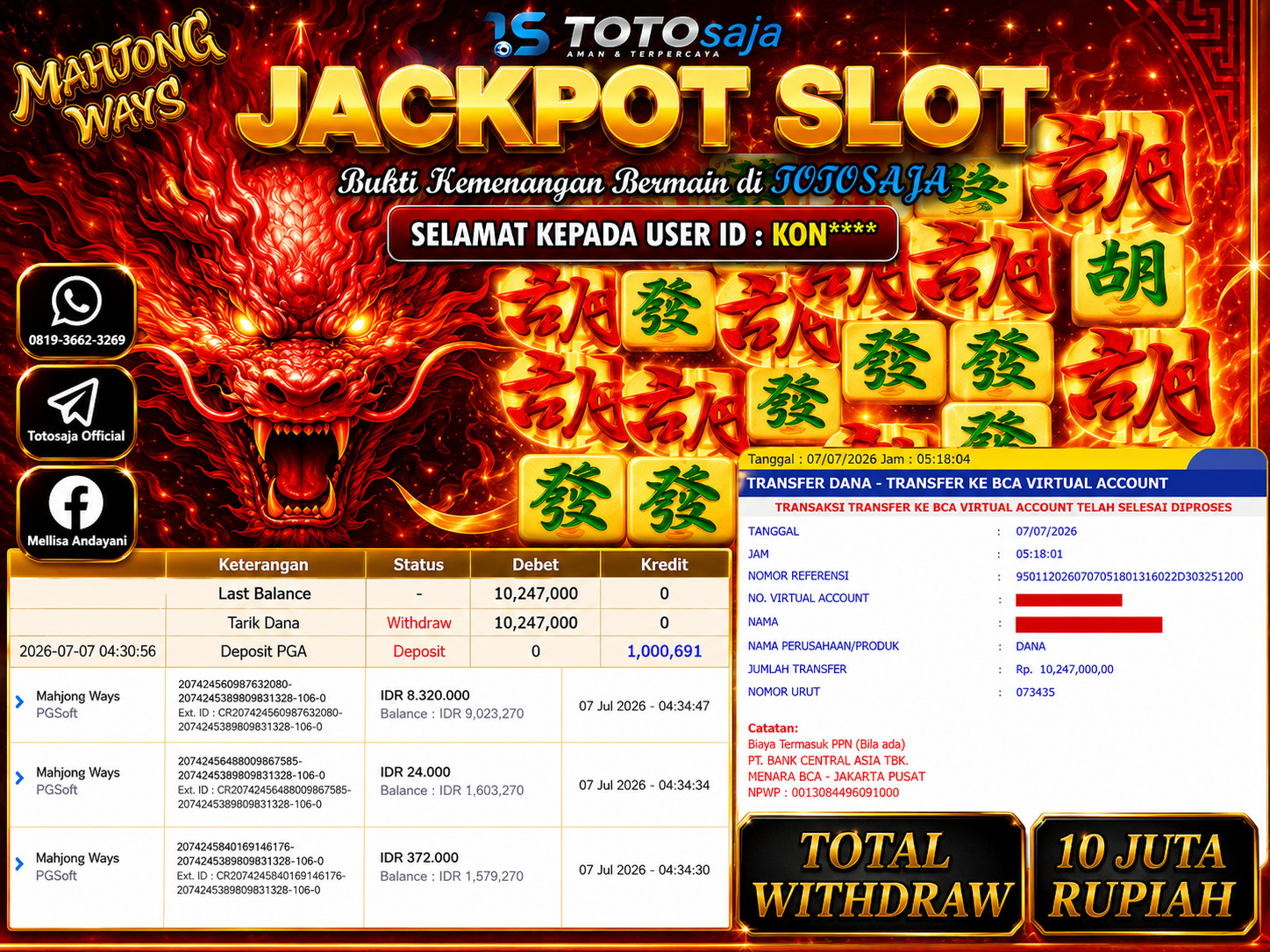 TOTOSAJA JACKPOT SLOT ONLINE MAHJONG WAYS Rp.10,000.000,- LUNAS