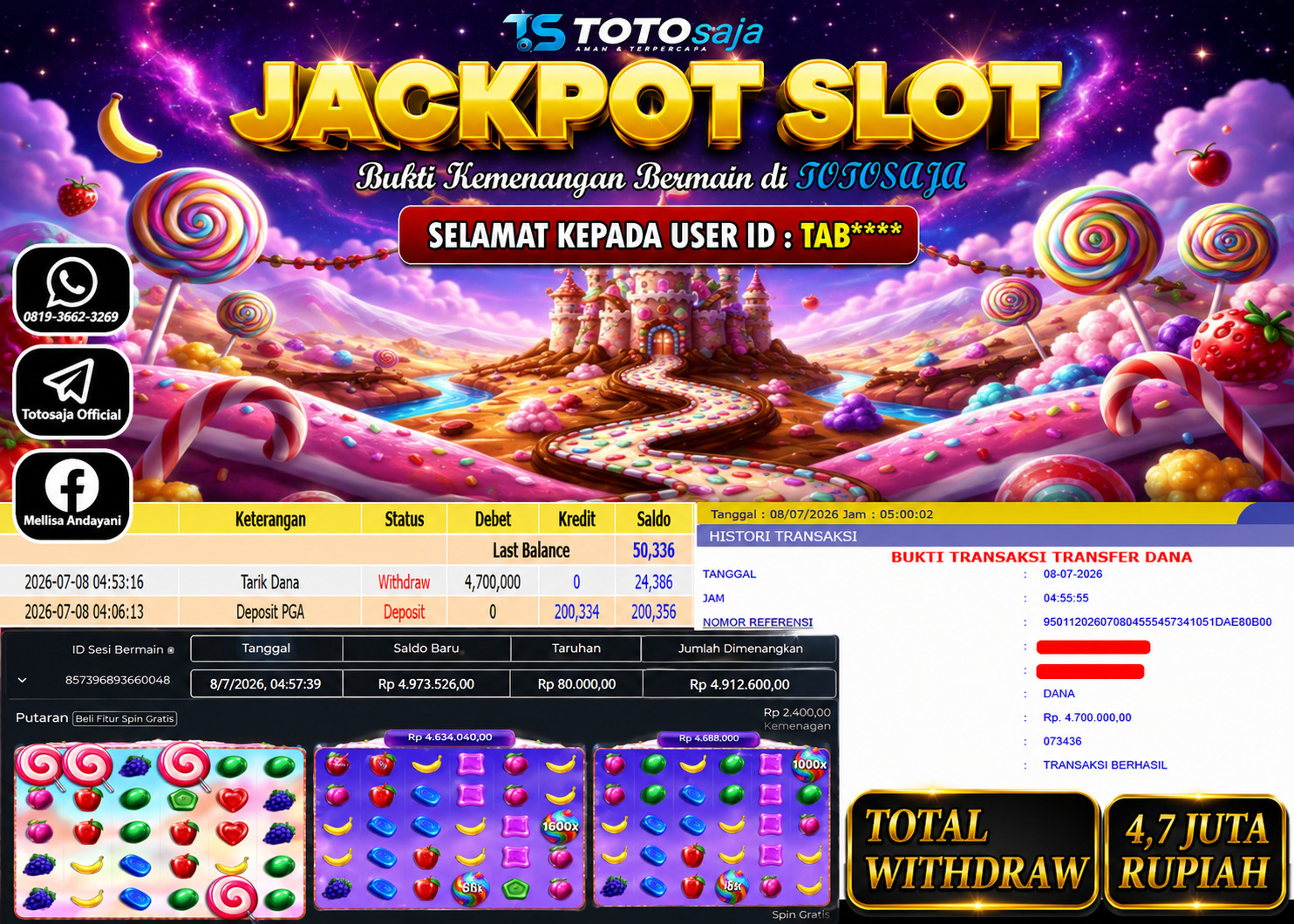TOTOSAJA JACKPOT SLOT ONLINE SWEET BONANZA 1000 Rp.4.700.000,- LUNAS