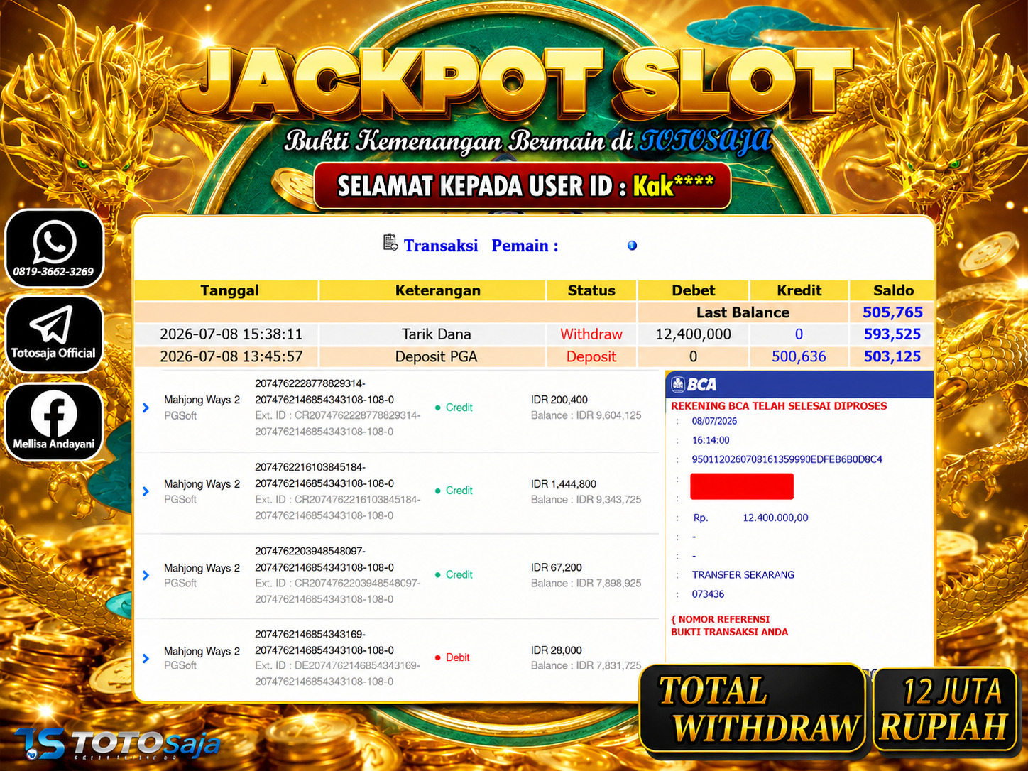 TOTOSAJA JACKPOT SLOT ONLINE MAHJONG WAYS 2 Rp.12,400.000,- LUNAS