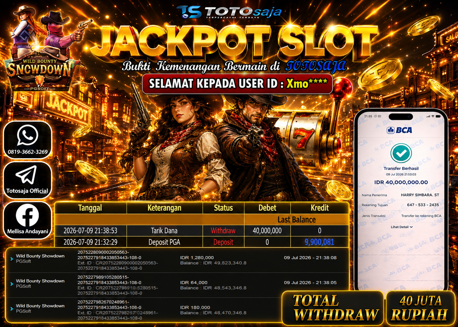 TOTOSAJA JACKPOT SLOT ONLINE WILD BOUNTY SHOWDOWN Rp.40,000.000,- LUNAS