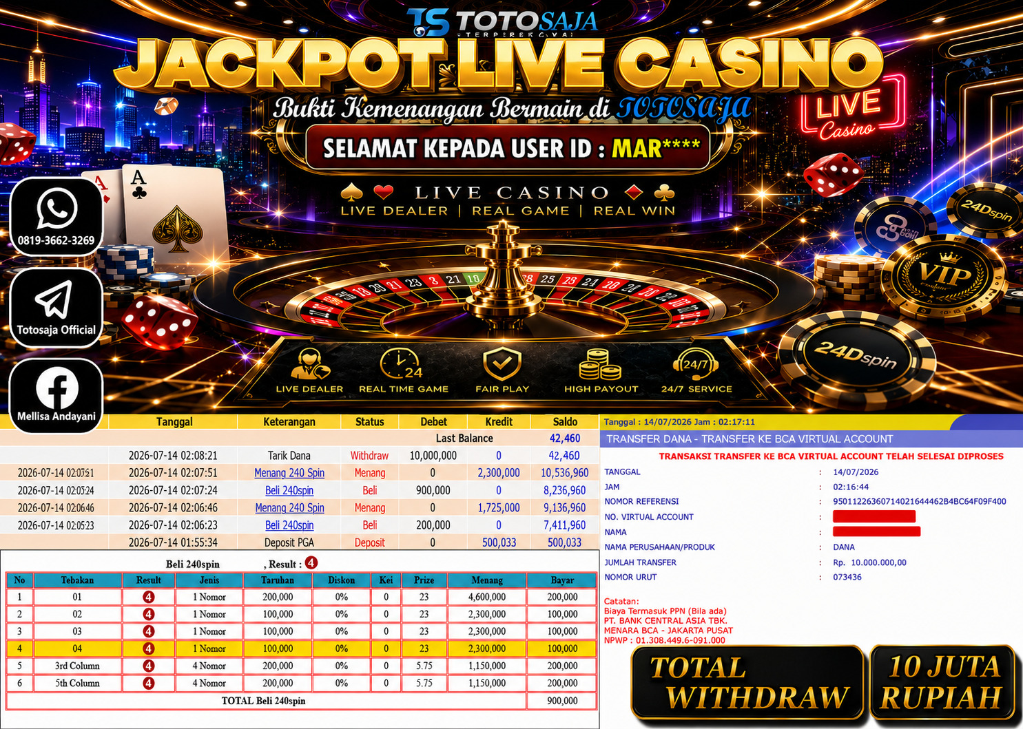 TOTOSAJA JACKPOT LIVE CASINO 24D SPIN Rp.10.000.000,- LUNAS