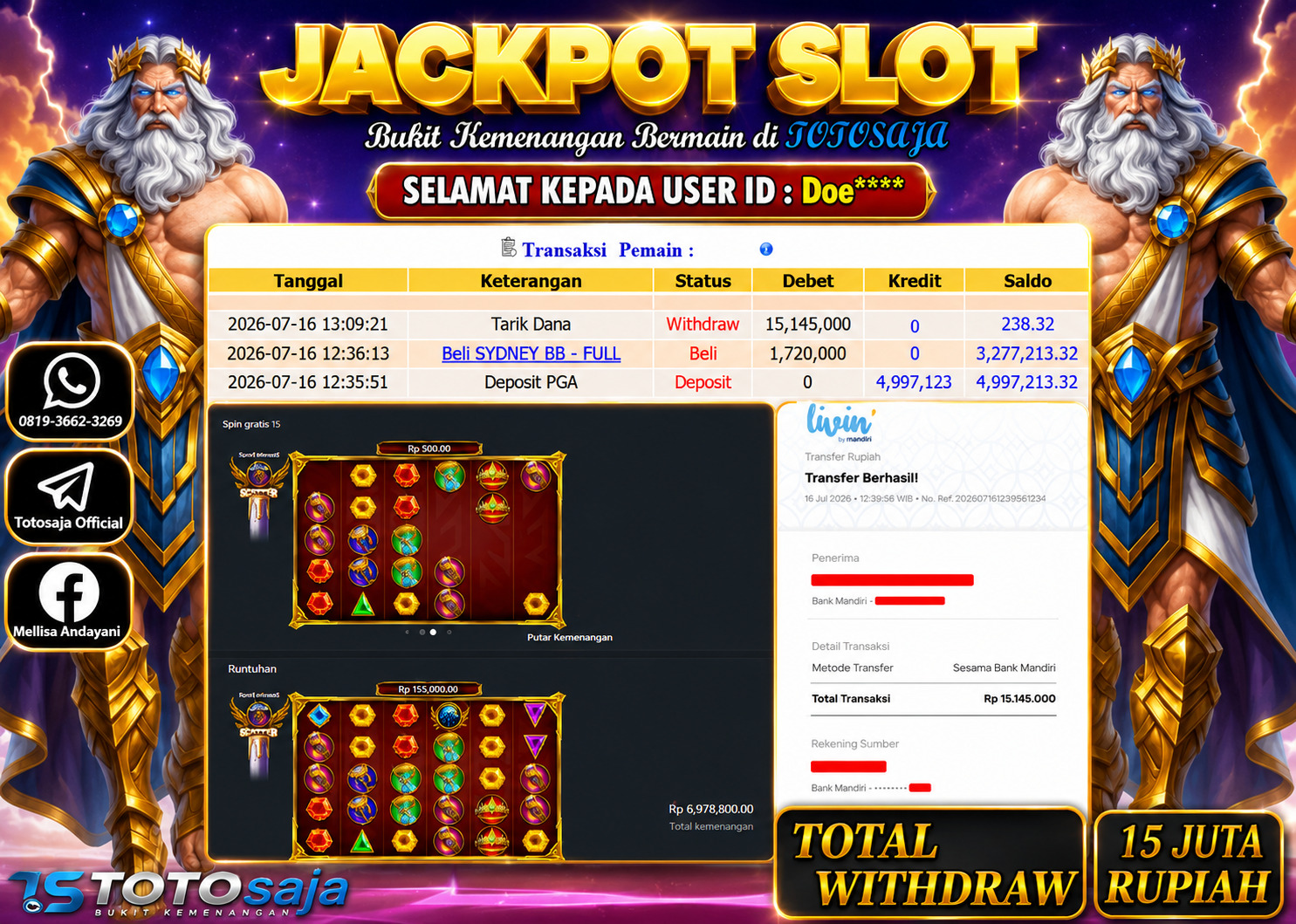 TOTOSAJA JACKPOT SLOT ONLINE GATES OF OLYMPUS SUPER SCATTER Rp.15.145.000,- LUNAS