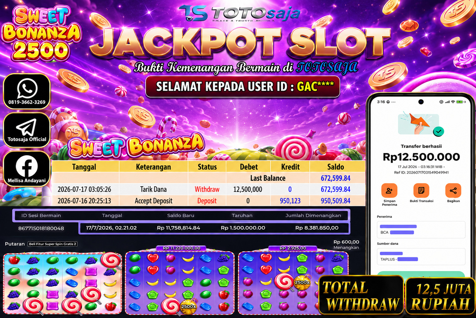 TOTOSAJA JACKPOT SLOT ONLINE SWEET BONANZA 2500 Rp.12.500.000,- LUNAS