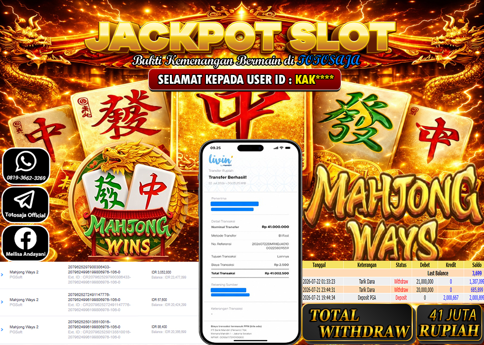 TOTOSAJA JACKPOT SLOT ONLINE MAHJONG WAYS 2 Rp.41,000.000,- LUNAS