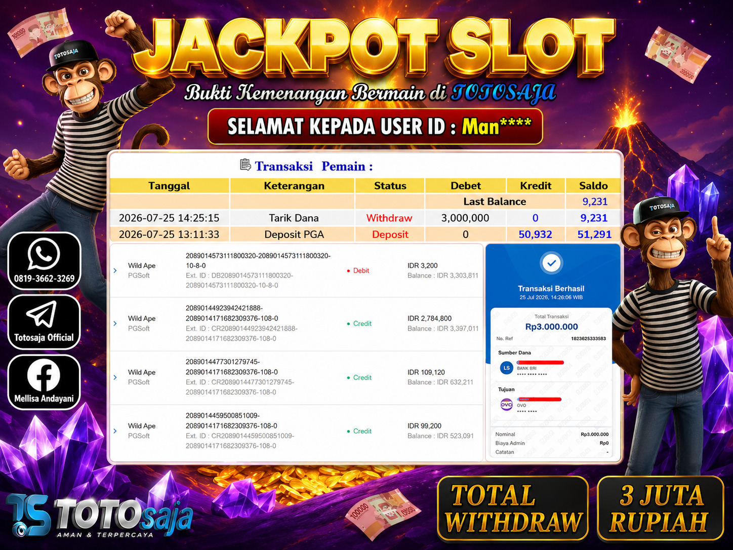 TOTOSAJA JACKPOT SLOT ONLINE  WILD APE Rp.3.000.000,- LUNAS