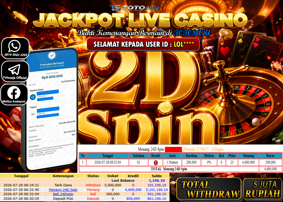 TOTOSAJA JACKPOT LIVE CASINO 24D SPIN Rp.5.000.000,- LUNAS
