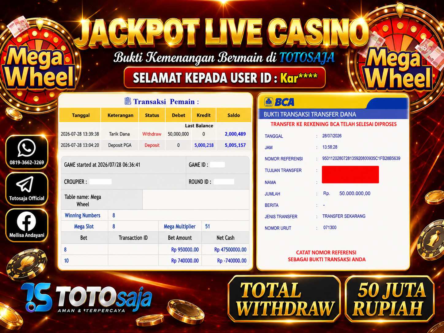 TOTOSAJA JACKPOT LIVE CASINO PP LIVE MEGAWHEEL Rp.50.000.000,- LUNAS