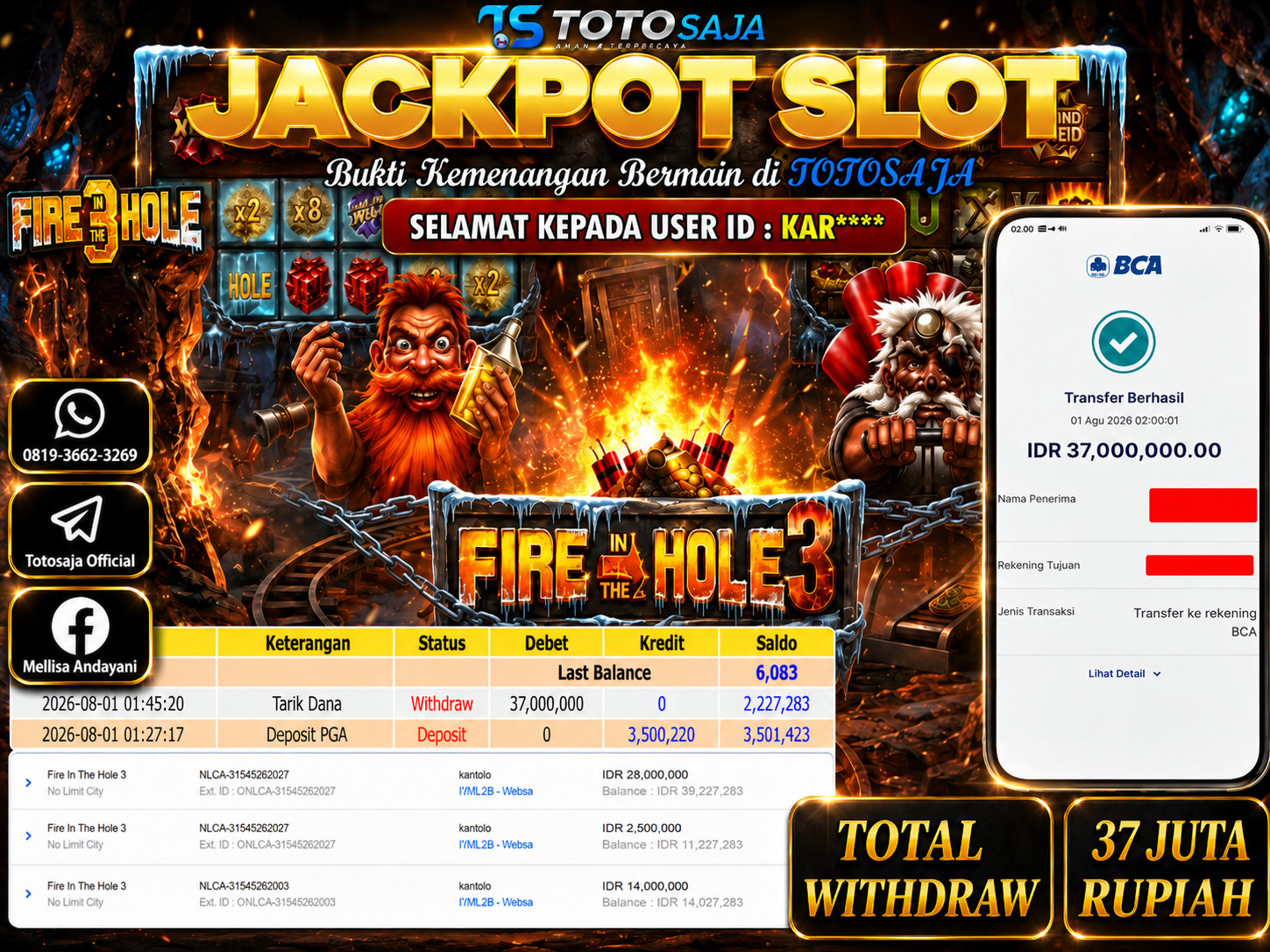 TOTOSAJA JACKPOT SLOT ONLINE  Fire In The Hole 3  Rp.37.000.000,- LUNAS