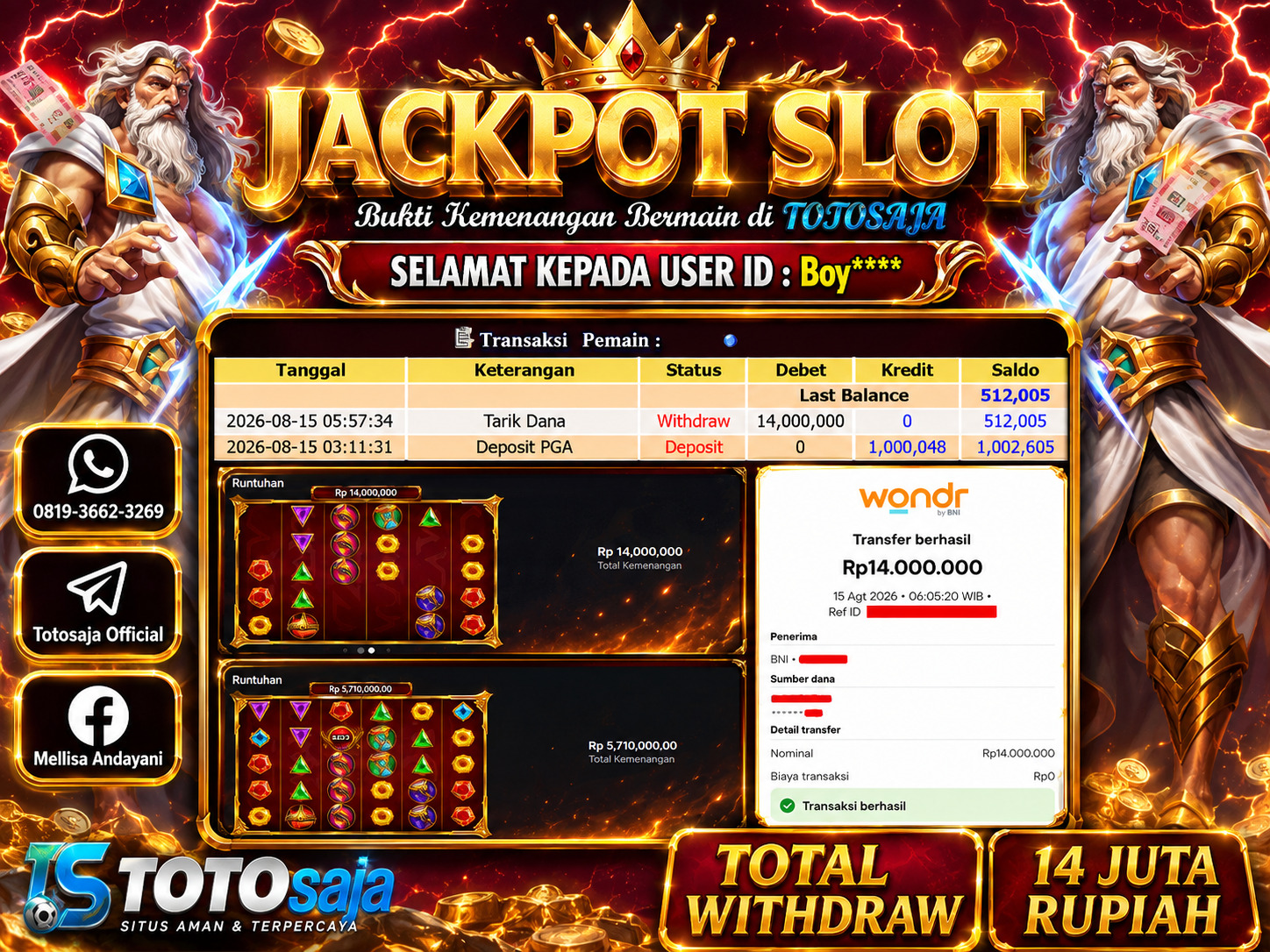 TOTOSAJA JACKPOT SLOT ONLINE 50,000x MANIA​​​​​​​ Rp.14.000.000,- LUNAS
